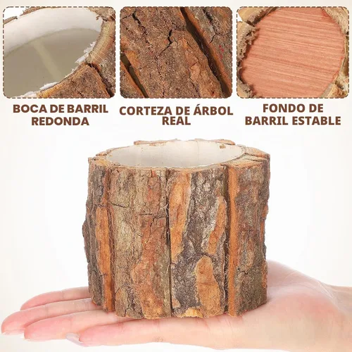 Vista 5 de Housoutil Jarrón de madera para centros de mesa, paquete de 3 jarrones de madera rústicos para tocón de árbol, cubo de flores de corteza de madera