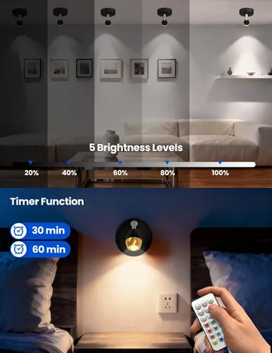 Vista 4 de KINDEEP Focos para interiores con control remoto: iluminación ascendente a batería, luces LED inalámbricas, temporizador y regulable, focos pequeños