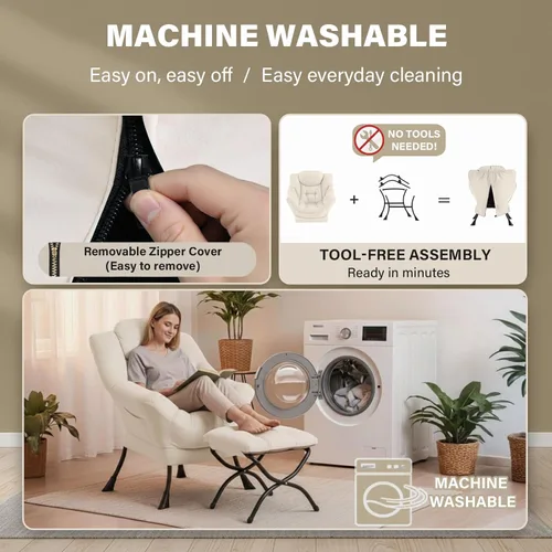 Vista 5 de Silla perezosa con otomana, silla de descanso moderna y grande con reposabrazos y bolsillo lateral, sillón tapizado de ocio con silla de lectura