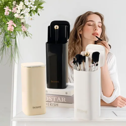 Vista 3 de DASITON Soporte para brochas de maquillaje con tapa, organizador de brochas de maquillaje de 4 ranuras, organizador de cosméticos de maquillaje