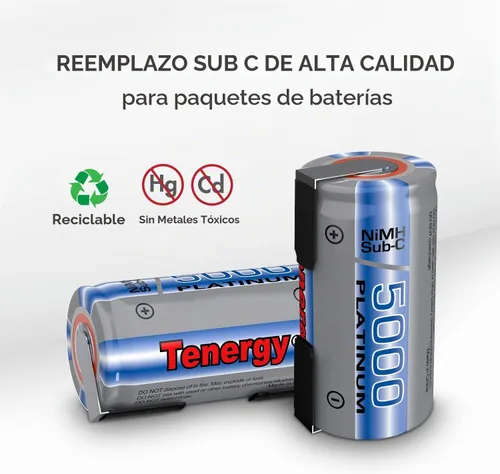 Vista 3 de Tenergy Batería recargable NiMH SubC de 5000 mAh con parte superior plana (con pestañas), paquete de 10
