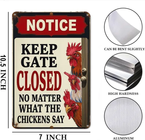 Vista 2 de Letreros de metal de pollo divertidos para gallinero Regalos de pollo Letreros para granja Patio Casa de campo Decoración de gallinero Mantén