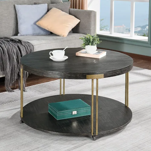 Vista 9 de Mesa de centro redonda con ruedas, mesa de té de centro industrial de 2 usos con estante de almacenamiento, mesa de cóctel circular de 35 pulgadas
