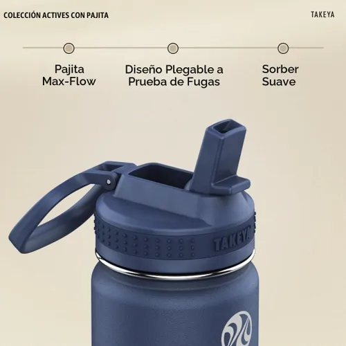 Vista 4 de Takeya Actives - Botella de agua con tapa con popote, duradera y de fácil cuidado, con aislamiento de acero inoxidable, tapa sin BPA con asa