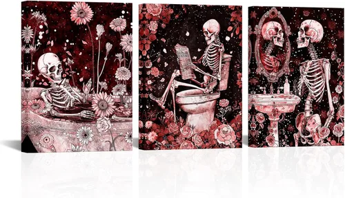 Vista 3 de FuShvre Decoración de esqueleto para baño, cuadros artísticos de pared de esqueleto Moody para baño, pintura gótica para decoración del hogar, Negro