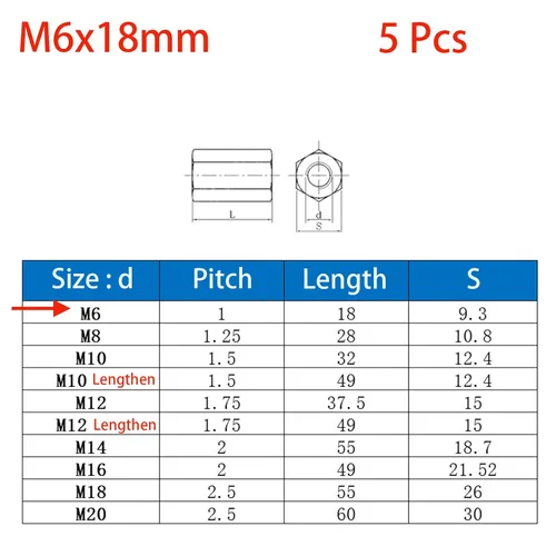 Vista 2 de M6 X 0.039 x 0.709 in Longitud larga Rod métrica hexagonal tuerca de acoplamiento, cinc plateado 5 PC