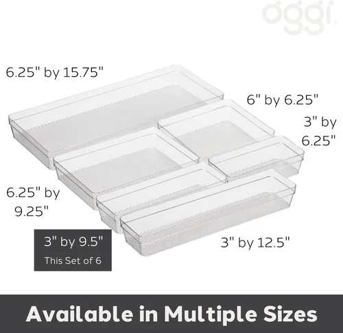 Vista 3 de Oggi Organizador de cajones transparente, 3 x 9.5 pulgadas (juego de 6), ideal para organizar cajones de cocina, oficina, escritorio, cubiertos