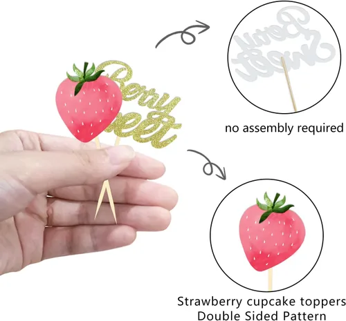 Vista 3 de 24 piezas de decoración para cupcakes de fresa con purpurina y bayas dulces para temática de bayas y fresas para niños, cumpleaños, fiesta de Berry