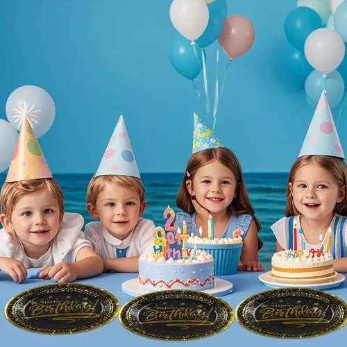 Vista 7 de 72 PIEZAS Platos y Servilletas de Feliz Cumpleaños Suministros para Fiestas, Platos y Servilletas de Papel con Puntos Negros y Dorados con Tenedores