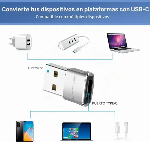 Vista 3 de Adaptador USB a USB C 4 Pcs Plata, Carga Rápida, Transferencia y Tipo C OTG