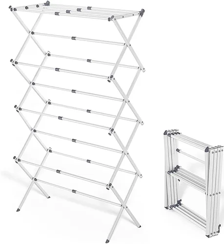 Vista 8 de Tendedero plegable para ropa (41 x 29 x 14 pulgadas), color blanco Estante de secado de ropa extensible portátil para ropa de secado al aire