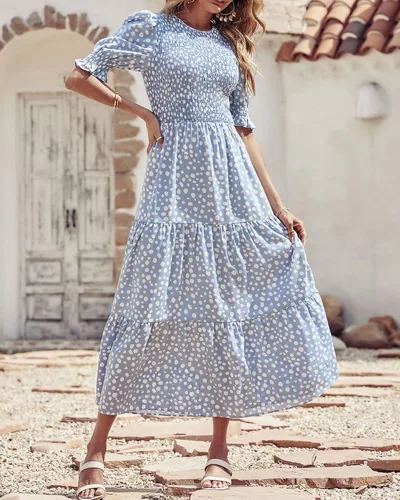 Vista 107 de BTFBM Vestidos para mujer, cuello redondo, casual, de verano, con volantes, manga corta, bohemio, con niveles, fruncido, largo, con estampado floral