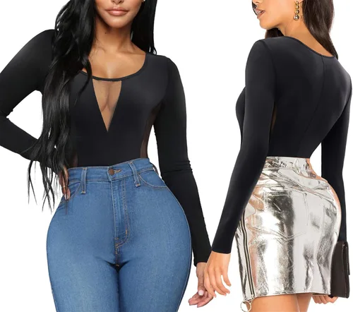 Vista 2 de Eleady Body de manga larga para mujer overol ajustado camiseta básica leotardo con control de abdomen y cintura