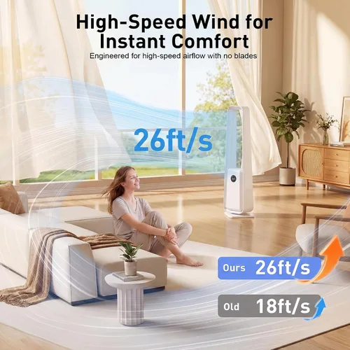 Vista 2 de Ventilador de torre sin aspas de 36 pulgadas para dormitorio, potente ventilador de pie de 25 pies con control remoto, 4 colores LED, 12