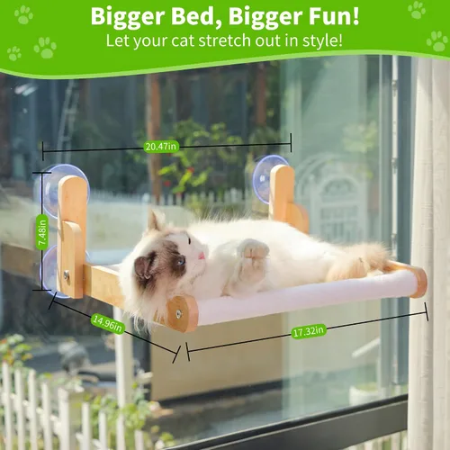 Vista 6 de Percha de Ventana para Gatos con Marco de Madera – Cama Hamaca Plegable para Gatos Aloxina para Gatos de Interior, Cubierta de Piel de Conejo Suave