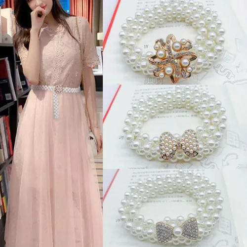 Vista 5 de Cinturón elástico Accesorios de ropa Cadena de cintura elegante Retro Elástico Perla Cinturón para Mujer(7), Blanco