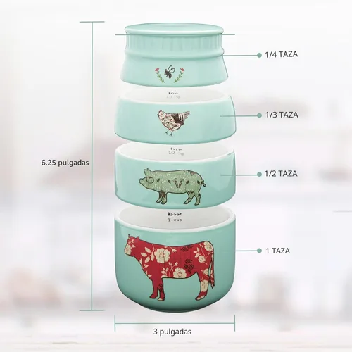 Vista 5 de Pavilion Gift Company - 'Live Simply Bee, Chicken, Pig, and Cow' - Juego de tazas medidoras de gres de 4 piezas, utensilios de cocina resistentes