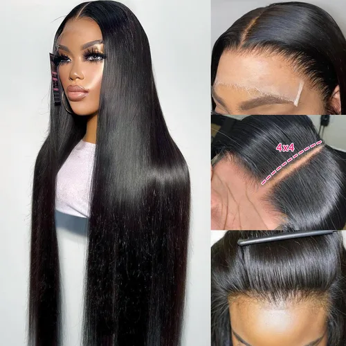 Vista 22 de Mengkai Pelucas de 28 pulgadas de encaje frontal liso de cabello humano, sin pegamento, prearrancadas con cabello de bebé, 13x4 de oreja a oreja