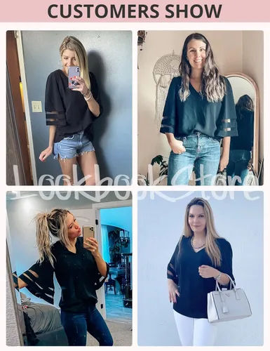 Vista 5 de LookbookStore - Blusa para mujer con paneles de malla, cuello en V, manga acampanada de 34 y corte holgado