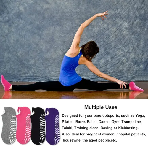 Vista 4 de GRPSKCOS Calcetines de yoga de Pilates para mujer, 4 pares antideslizantes para el hogar, hospital, para entrenamiento, con agarre descalzo