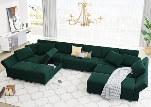 Vista 4 de Belffin Sofá modular modular de gran tamaño con tumbonas dobles en forma de U, sofá seccional reversible con almacenamiento de terciopelo verde