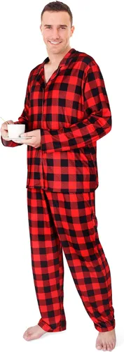 Vista 2 de Conjunto de pijamas de Navidad a juego para parejas, pijamas familiares a cuadros de búfalo de manga larga con botones a cuadros, ropa de descanso