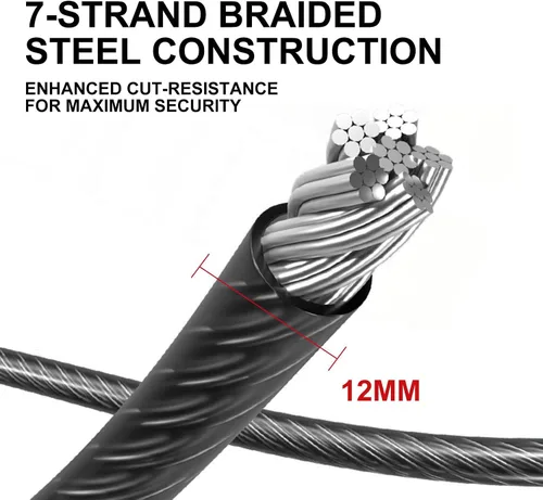 Vista 4 de Venzio - Cable de bloqueo de bicicleta resistente de 4 pies, 0.472 in (1/2 pulgada) con bucles Cable de bloqueo de acero de seguridad, cadena