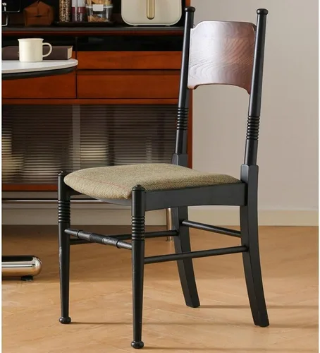 Vista 4 de Sillas de comedor de madera estilo rústico retro con cojín de asiento de tela tapizada respaldo alto curvado cocina moderna