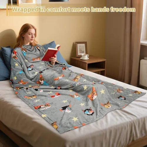 Vista 8 de Catalonia Manta con estampado de gato y perro para llevar puesta, acogedora y suave con mangas, manta larga de forro de vellón cálida y cómoda