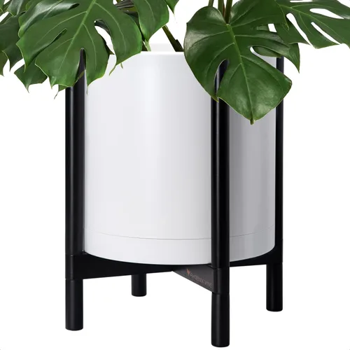 Vista 58 de Maceta de D'vine Dev con soporte - Maceta de flores de cilindro de plástico de 8.0 pulgadas con soporte de madera para interiores, maceta mate negra