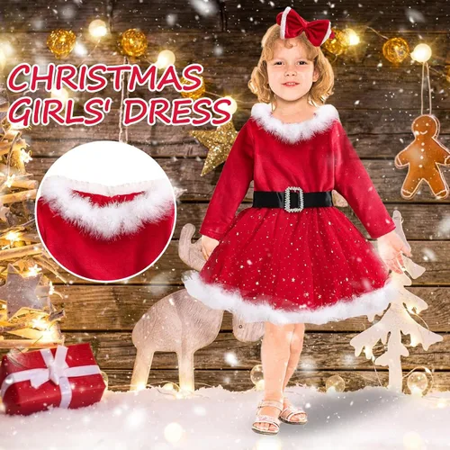 Vista 2 de BBAUER Disfraz de Santa Claus, vestido de manga larga de Xmmas Mrs. Claus, traje de Papá Noel con ribete fruncido, lazo rojo de la señora Claus
