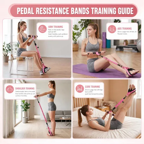 Vista 7 de WHATAFIT Pedal Resistance Band with Handles & Ankle Straps 3-Level Home Gym Rosa
