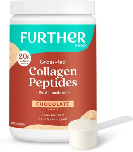 Vista 9 de Further Food Polvo de péptidos de colágeno de chocolate con hongo Reishi, 100% alimentado con pasto, hidrolizado tipo 1 y 3, 0.71 oz de colágeno por