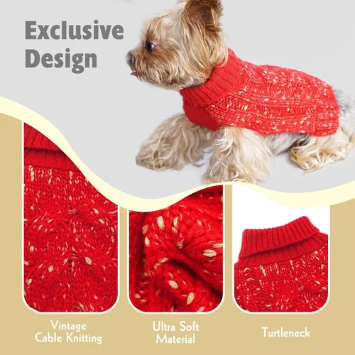 Vista 4 de KYEESE Suéter para perro, ropa cálida para perros pequeños, abrigo para perro, suéter de punto de cuello alto con hilo dorado para otoño e invierno