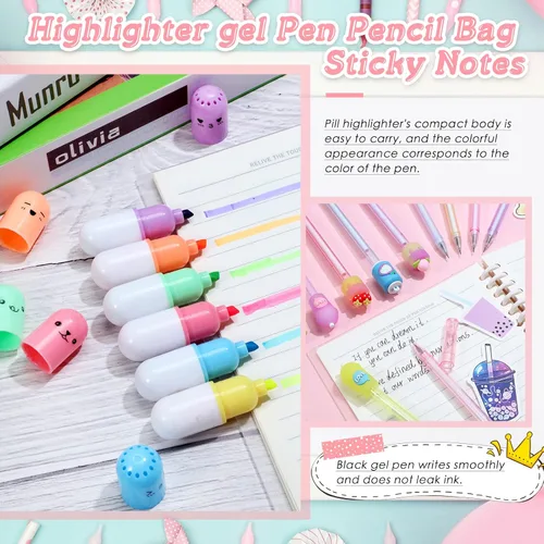 Vista 5 de Sabary Kawaii - Juego de papelería – Bolsa telescópica para lápices Boba, lápiz de tinta de gel, resaltador de píldoras de té de burbujas