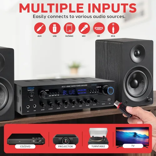 Vista 6 de Pyle Receptor Amplificador Estéreo de 400W - Amplificador de Audio BT para el Hogar con Lectores USB/SD, Radio FM, Aux de 3.5mm, Fono, Entradas
