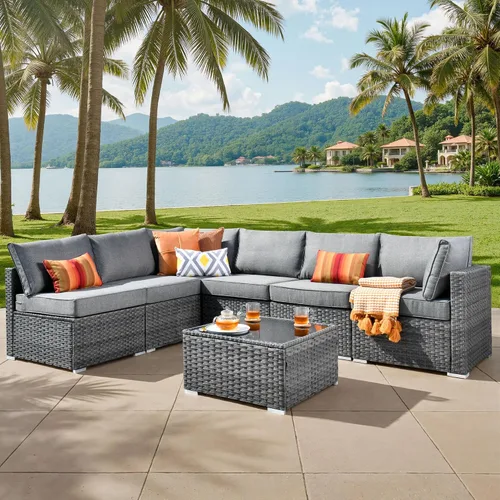 Vista 12 de ovios Juego de muebles de patio al aire libre de 5 piezas con mesa de café, conjunto seccional de muebles de patio con sofá de mimbre para todo tipo