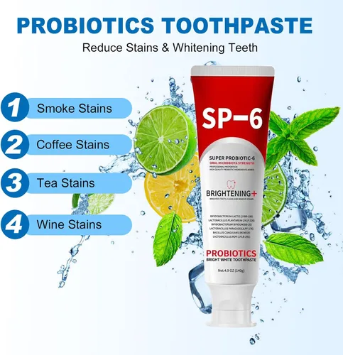 Vista 4 de Pasta de dientes Super Probiotic Sp-6, pasta de dientes Sp-6 Ultra Whitening, fórmula de 6 probióticos para la salud de las encías, sin flúor, sabor