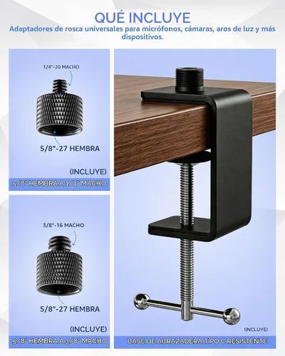 Vista 4 de Abrazadera de micrófono de mesa, soporte de abrazadera de metal para micrófono de escritorio resistente con rosca macho 5/8-27 y 3/8-16 hembra, 1