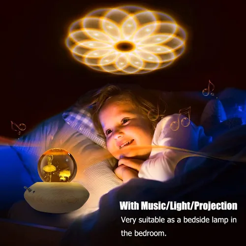 Vista 3 de Caja de música, caja de música de bola de cristal 3D con proyección de luz cálida, rotación de 360° para niños, luz nocturna para niños, decoración