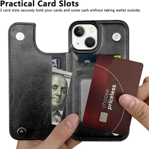 Vista 3 de Funda tipo cartera para iPhone 13 y 14 con soporte para tarjetas, funda trasera de piel sintética, con ranuras para tarjetas, doble cierre