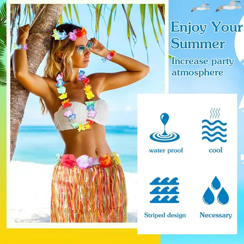 Vista 4 de Juego de 50 faldas de hula con flores, 10 faldas de hierba hawaiana para niñas, 10 Leis hawaianos 10, collar Luau, 20 pulseras tropicales, traje