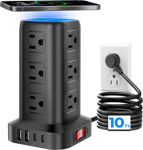 Vista 18 de Regleta de alimentación con 12 tomas, 4 USB (1 USB C), cable de extensión de 6.5 pies con múltiples tomas, estación de carga, torre de regleta