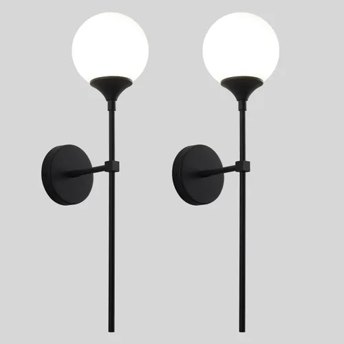 Vista 14 de KCO Mid-Century - Juego de 2 apliques de pared modernos con globo de vidrio ámbar con brazo largo, lámparas de pared industriales doradas