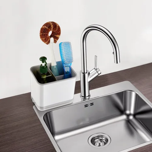 Vista 7 de RedCall Organizador de fregadero de cocina, soporte para esponja de platos y soporte para cepillos con bandeja de goteo, organizador de utensilios