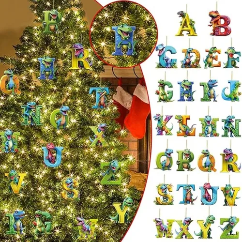 Vista 3 de Adorno de Navidad personalizado de dinosaurio de 26 letras, adornos colgantes 2023, monograma inicial de plástico, decoraciones de árbol de Navidad