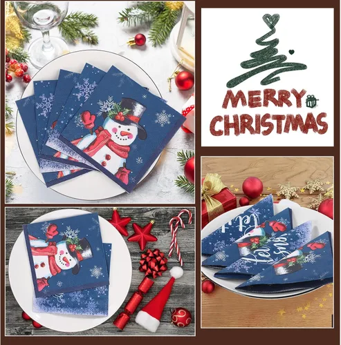 Vista 4 de Faccito 100 servilletas de papel de muñeco de nieve de Navidad, servilletas de cóctel de copo de nieve para Navidad, Año Nuevo, reuniones