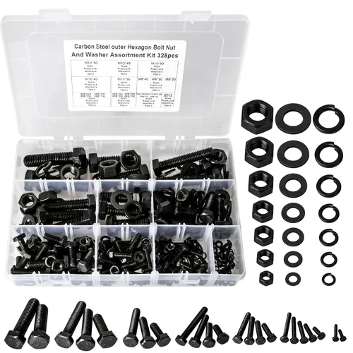 Vista 11 de Kit de surtido de pernos y tuercas métricas M6 M8 M10 M12 de 16 mm a 60 mm de grado 8 con tuercas hexagonales, pernos y arandelas de 15 tamaños