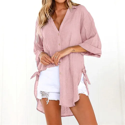Vista 72 de Camisas de manga larga con botones para mujer, asimétricas, casuales, con cordones, túnica de gran