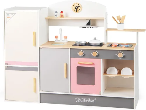 Vista 9 de HONEY JOY Juego de cocina para niños, cocina de madera 3 en 1 para niños pequeños, refrigerador y parrilla de barbacoa, campana extractora, estante